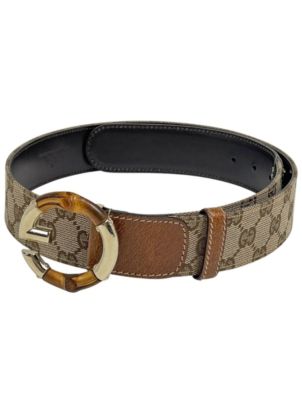 Gucci Belt GG Pattern Bamboo Canvas Leather Beige Brown